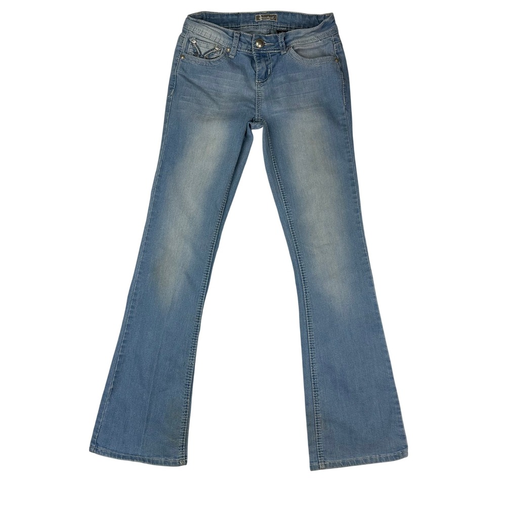 Soundgirl Juniors Bootcut Jeans Light Wash Y2K Embellished Stained Size 5